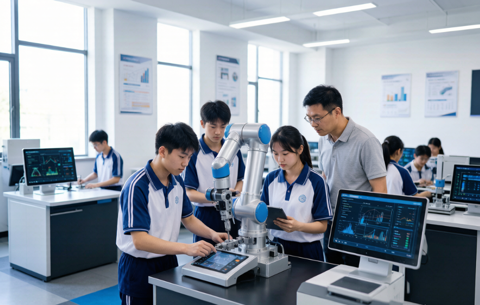 智能制造实训课堂，学生操作工业机器人，教师指导